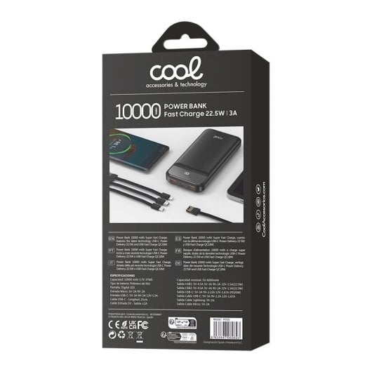 Cool Power Bank 10.000 mAh Carga Rápida 22.5W 3 Cables Negro