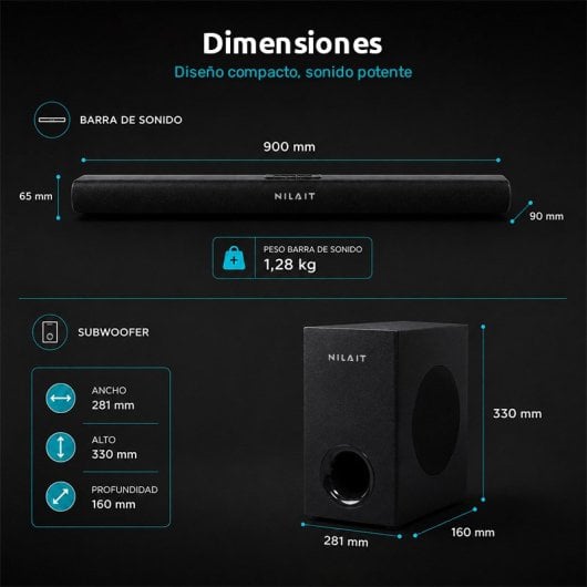 Nilait Harmony Sound Bar Barra de Som 2.1 com Subwoofer Sem Fios 120W