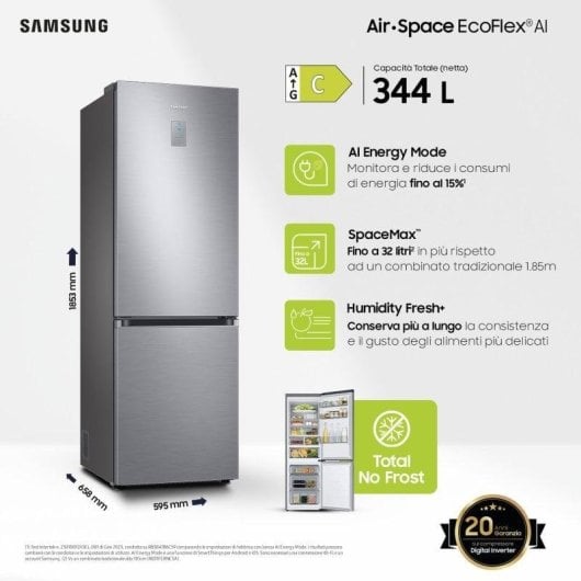 Frigorífico Combi Samsung RB34C775CS9EF No Frost 185cm 344L C Inox WiFi IA