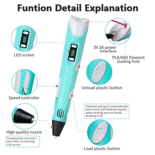 Arzopa Bolígrafo Inteligente 3D Pantalla Led 50m, 10 Colores Negro