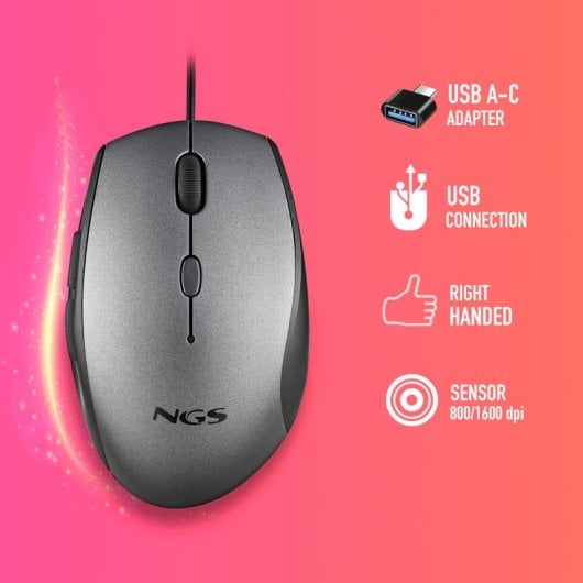 NGS Moth Gray Ratón con Adaptador USB-C 1600 DCPI Gris