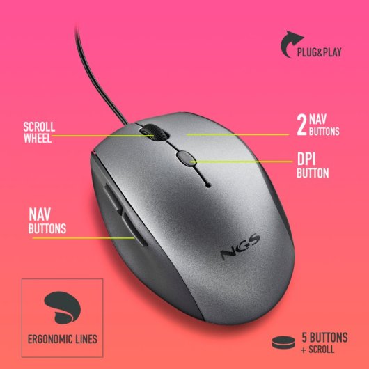 NGS Moth Gray Ratón con Adaptador USB-C 1600 DCPI Gris