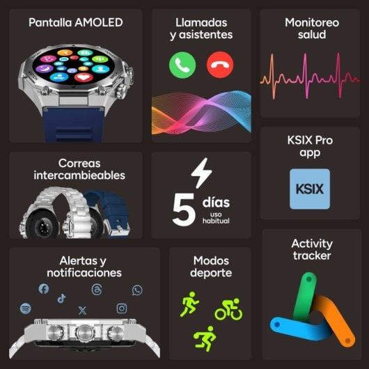 Ksix Titanium Bluetooth 55mm AMOLED Nero Taglia Unica IP67 SpO2 Cardiofrequenzimetro Sonno 5gg
