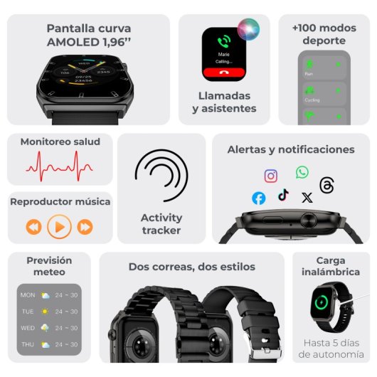 Ksix Smartwatch Olympo Black Pantalla AMOLED 1,96 Asistente Voz Negro