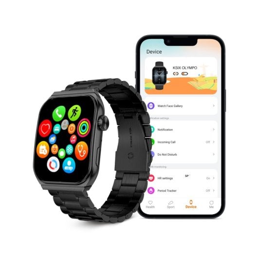 Smartwatch Ksix Olympo, schermo AMOLED da 1,96", 2 cinturini, 5 giorni automatici, modalità sport e salute, chiamate, assistenti vocali, nero