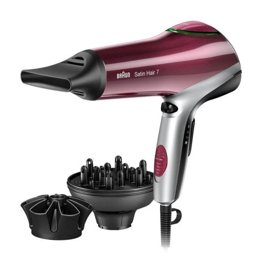 Ionen Föhn Braun Satin Hair 7 HD770E 2200W 3 Temperaturstufen 2 Geschwindigkeiten Zubehör Rot Silber