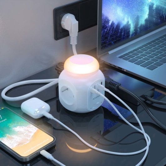 Aisens Regleta Multifunción con 4 Tomas + Qc3.0 con Luz Nocturna 1.8m Blanco