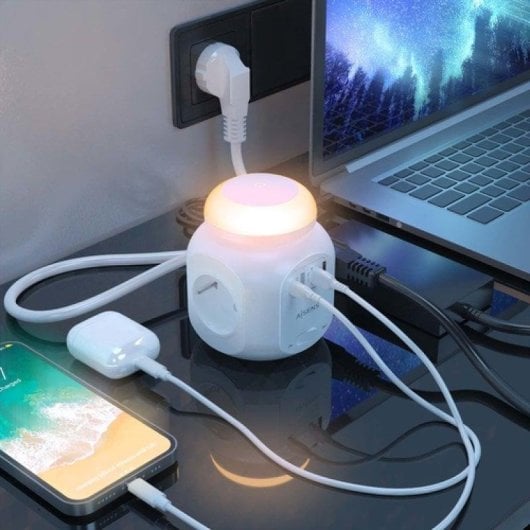 Multiprise Aisens ASPS-2A1CLPQ02-W 4 Prises Interrupteur USB-A USB-C Protection Lumière Nocturne