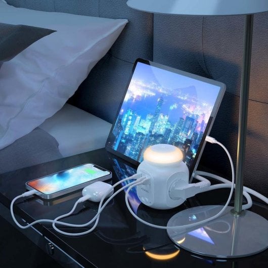 Multiprise Aisens ASPS-2A1CLPQ02-W 4 Prises Interrupteur USB-A USB-C Protection Lumière Nocturne