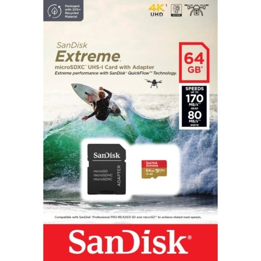 Sandisk Extreme MicroSDXC 64 GB A2 Clase 10 V30 UHS-I + Adaptador