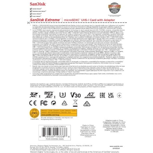 Sandisk Extreme MicroSDXC 64 GB A2 Clase 10 V30 UHS-I + Adaptador