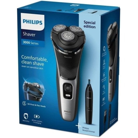 Rasoir Visage Philips Shaver 3000 Series S3143/02 Sans Fil 60min Sec et Mouillé 3 Têtes