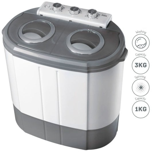 Briebe WM1140 Mini Lavadora Centrifugadora Portátil de 2 Compartimentos 3Kg Gris/Blanco