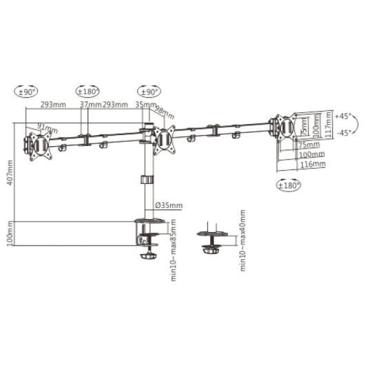 Gembird Ma-d3-01 Suporte Triplo para 3 Monitores 17”-27” VESA Máx 7Kg Preto