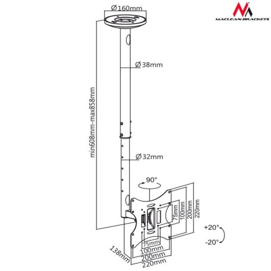 Maclean Mc-504a B Support de Plafond pour TV 23-42" VESA 200 Max 30kg Noir