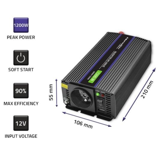 Qoltec Monolith 1200 Ms Cargador Inverter 12v A 230v 600/1200W USB
