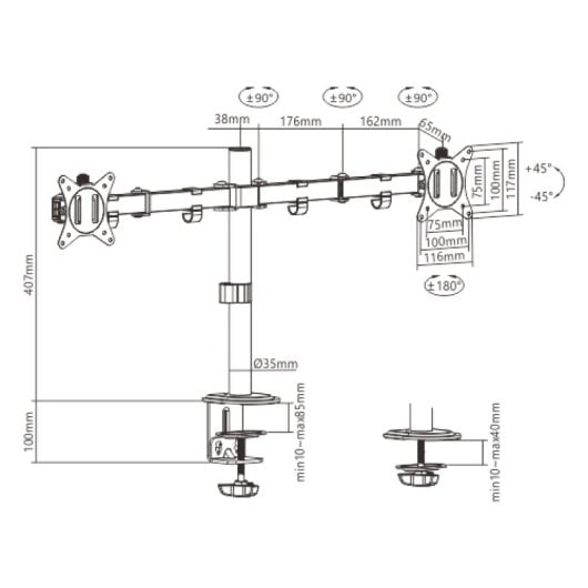 Gembird Ma-d2-01 Soporte de Escritorio Doble para Monitor 32" VESA 100 Negro