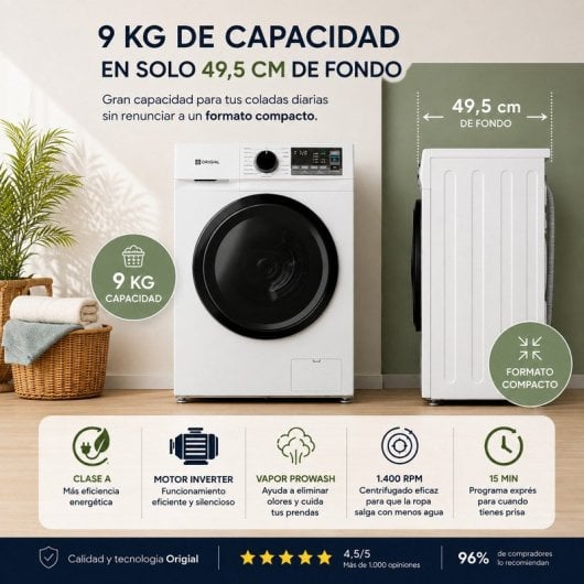 Origial Prowash 9Kg Inverter Lavadora Clase A, 1.400 rpm, Motor Inverter y Vapor