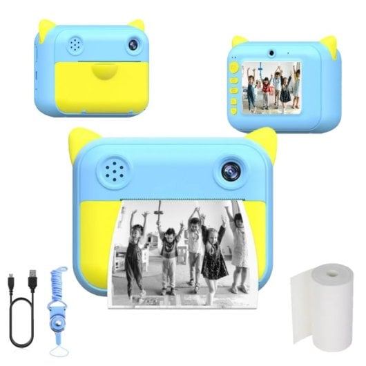 Klack Cámara para Niños Digital de Impresión Instantánea sin Tinta en Papel Térmico Azul