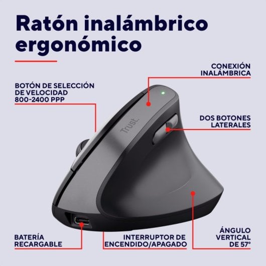 Trust Bayo II Ratón Vertical Inalámbrico Óptico para Mano Derecha 2400 DPI Negro