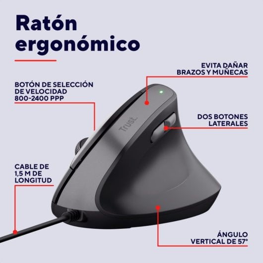 Trust Bayo II Ratón Vertical Ergonómico para Mano Derecha USB 2400 DPI Negro
