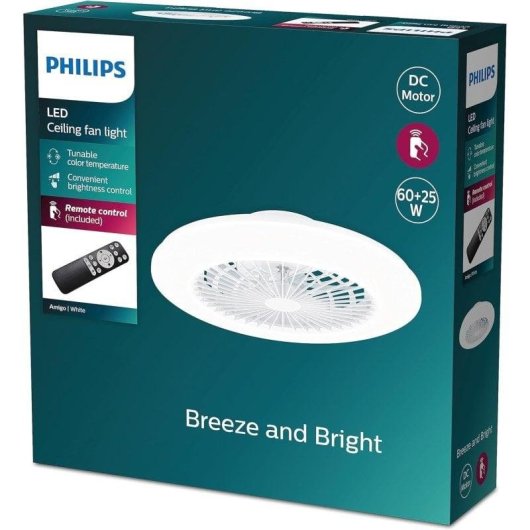 Ventoinha de Teto com Luz Philips Amigo 60W 577mm LED Comando Modos Verão/Inverno