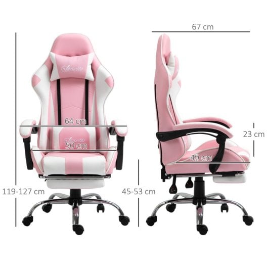 Vinsetto Silla Gaming Reclinable Reposacabezas Reposapiés 64x67x119-127 Cm Rosa