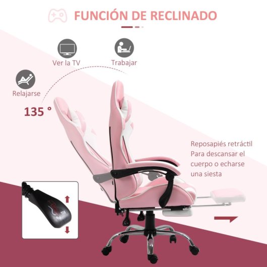 Vinsetto Silla Gaming Reclinable Reposacabezas Reposapiés 64x67x119-127 Cm Rosa