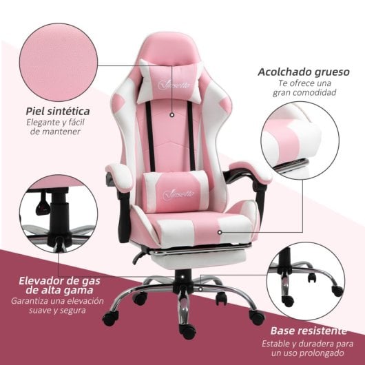 Vinsetto Silla Gaming Reclinable Reposacabezas Reposapiés 64x67x119-127 Cm Rosa