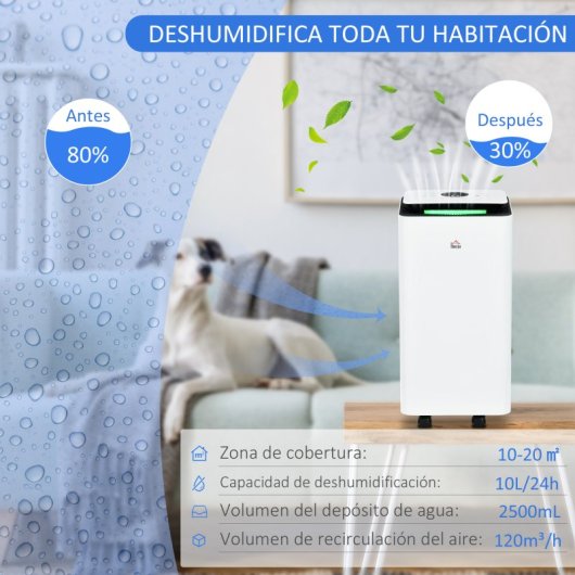 HOMCOM Deshumidificador Eléctrico con 5 Modos 10L/día 200W 25x25x50,5 cm Blanco