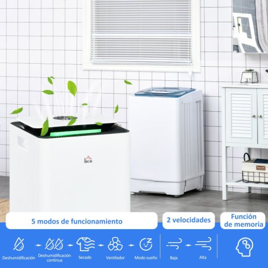 HOMCOM Deshumidificador Eléctrico con 5 Modos 10L/día 200W 25x25x50,5 cm Blanco