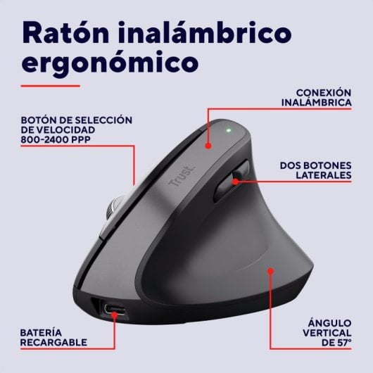 Trust Bayo+ Ratón Vertical Inalámbrico 2400 DPI Negro