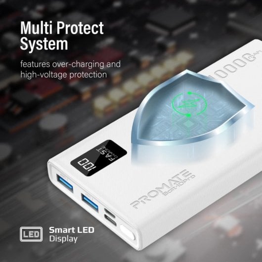 Promate Bolt-10Pro Powerbank 10000mAh 2xUSB e USB-C Branco