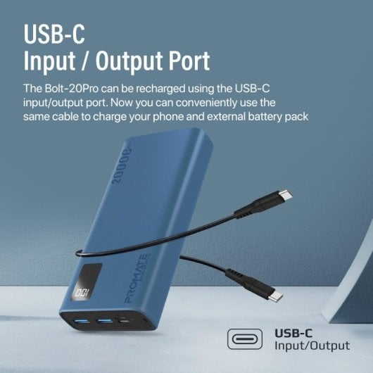 Promate Bolt-20Pro Powerbank 20000mAh 2xUSB e USB-C Azul