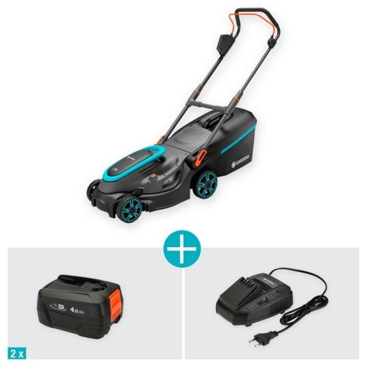Conjunto de cortador de grama Gardena PowerMax 37/36 V P4A + 2 baterias de íon de lítio de 18 V 4 Ah + carregador