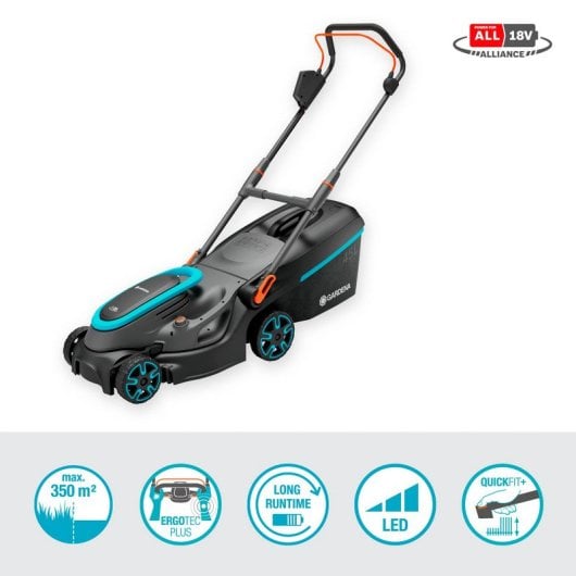 Conjunto de cortador de grama Gardena PowerMax 37/36 V P4A + 2 baterias de íon de lítio de 18 V 4 Ah + carregador