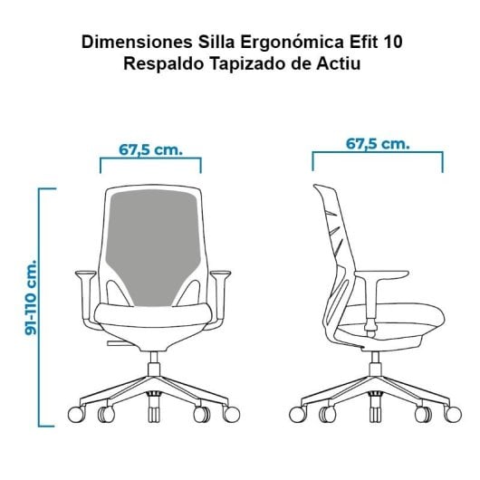Chaise ergonomique Actiu Efit 10 dossier haut tissu noir, base polyamide, accoudoirs 2D