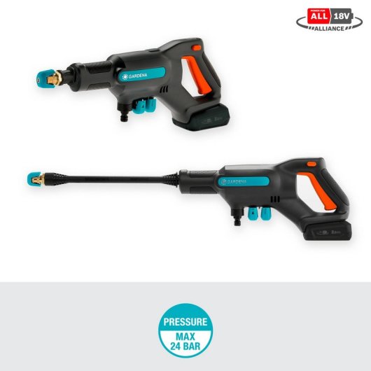 Gardena AquaClean 24/18V P4A Hochdruckreiniger Kompakt Akku 250 l/h Schwarz, Blau, Orange