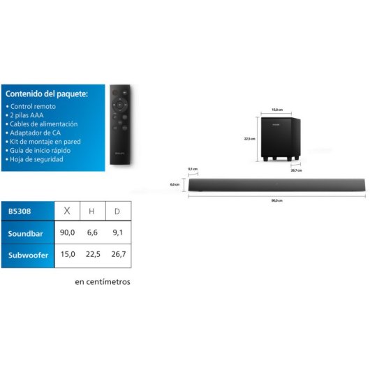Philips TAB5308/10 Barra de Som 2.1 com Subwoofer Sem Fios