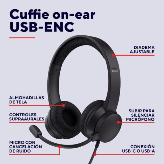 Trust HS-260 Auriculares Alámbrico de Oficina/Centro de llamadas USB-ENC para PC Negro