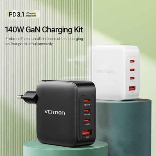 Vention FEIB0-EU Caricatore da muro GaN 4 porte PD 140W Nero