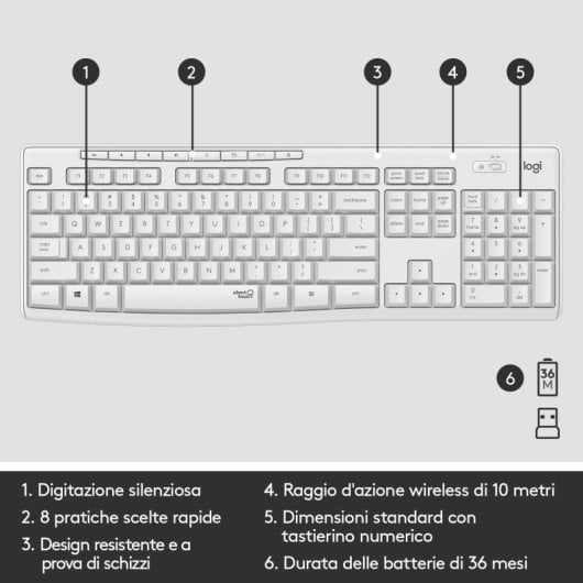 Logitech MK295 Silent Wireless Combo Teclado + Ratón Inalámbrico Blanco Teclado Italiano