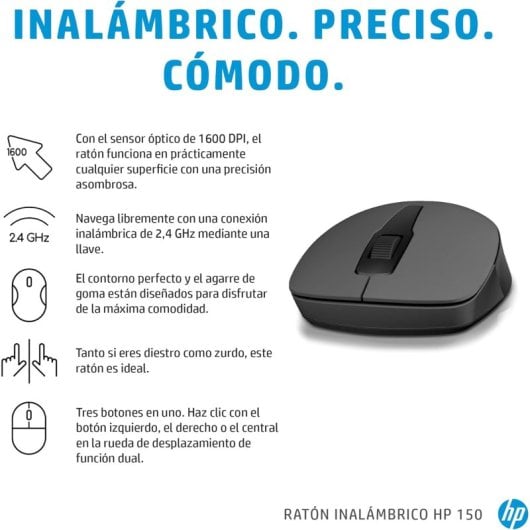 HP 150 Ratón Inalámbrico hasta 1600 PPP Conexión 2,4GHz Tres Botones y Rueda Desplazable Negro