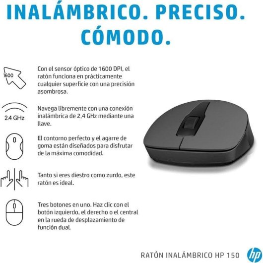 Mouse HP 150 Wireless 2,4 GHz 1600 DPI Ambidestro Nero 3 Pulsanti