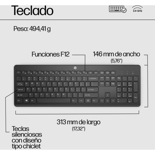 HP 230 Teclado Inalámbrico Puerto USB-A, Conexión Inalámbrica 2,4GHz, Windows, Negro