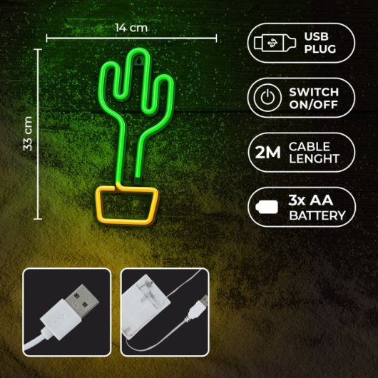 Forever Neon Led Luce Cactus Arancione Verde Bat+usb