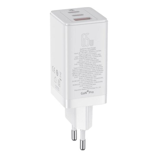 Baseus GaN5 Pro 3 Cargador de Pared Carga Rápida 65W Blanco