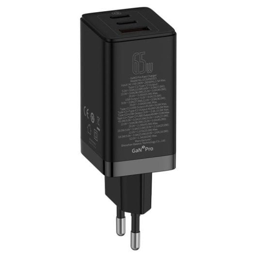 Baseus GaN5 Pro 3 Cargador de Pared Carga Rápida 65W Negro