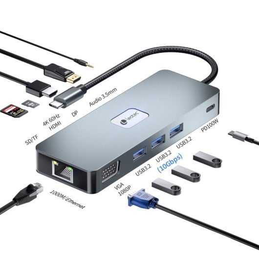 Leotec LEDS03 Docking Station 11 em 1 Plus USB-C PD 100W / HDMI 4K / VGA / DP / USB 3.2 / RJ 45 / MSD