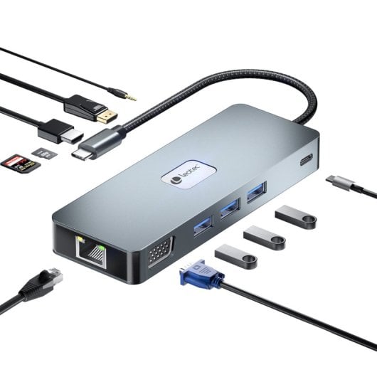 Leotec LEDS03 Docking Station 11 em 1 Plus USB-C PD 100W / HDMI 4K / VGA / DP / USB 3.2 / RJ 45 / MSD